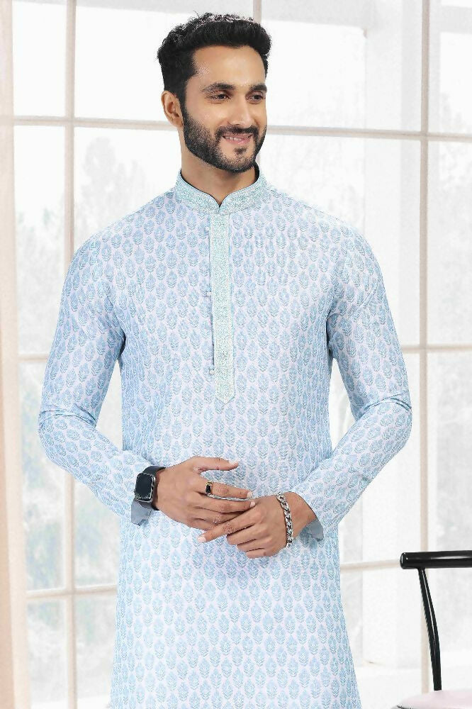 Raivat Ethnic Cotton Thread Work Kurta Pajama In Sky Blue Colour | Grocsy