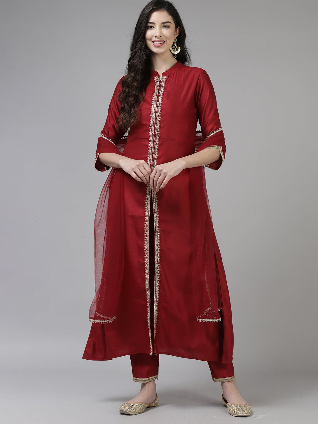 Indo Era Red Embroidered Straight Kurta Trouser With Dupatta Set | Grocsy