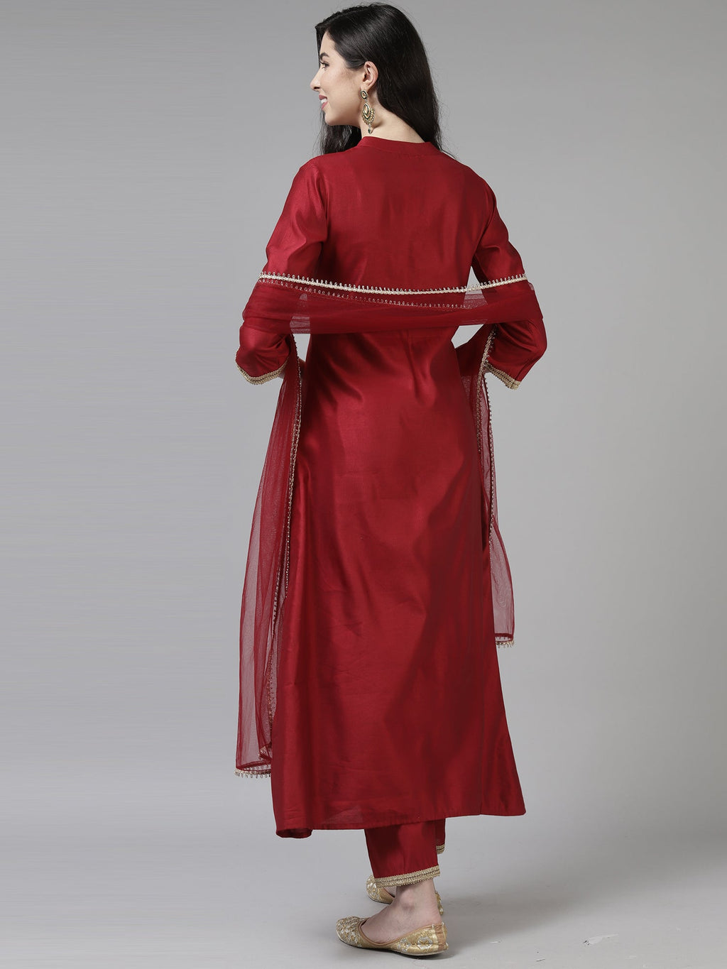 Indo Era Red Embroidered Straight Kurta Trouser With Dupatta Set | Grocsy