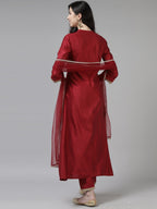 Indo Era Red Embroidered Straight Kurta Trouser With Dupatta Set | Grocsy