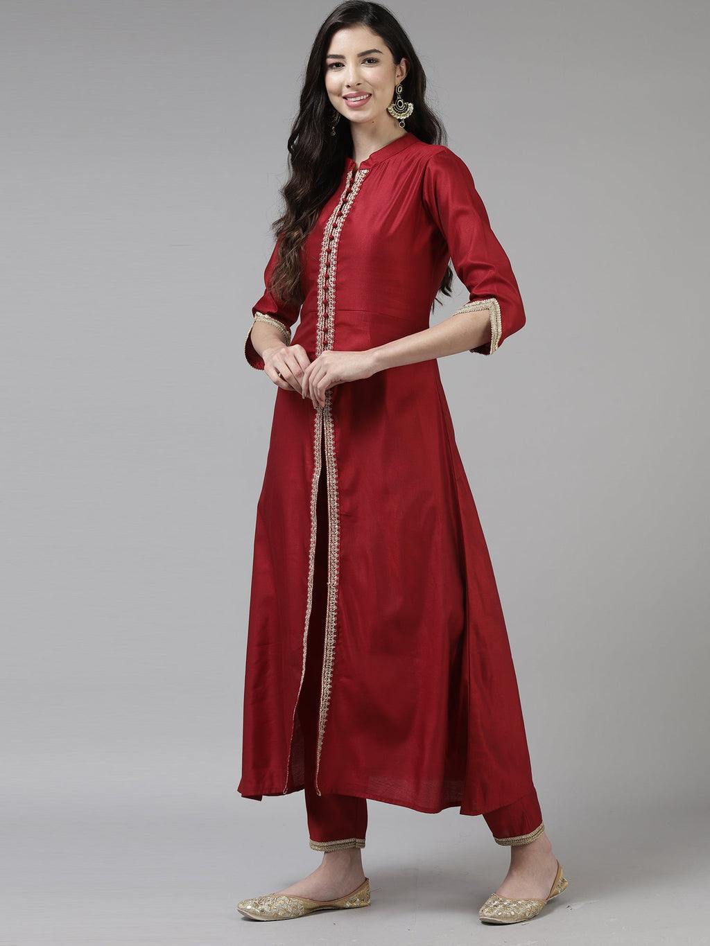 Indo Era Red Embroidered Straight Kurta Trouser With Dupatta Set | Grocsy
