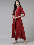 Indo Era Red Embroidered Straight Kurta Trouser With Dupatta Set | Grocsy