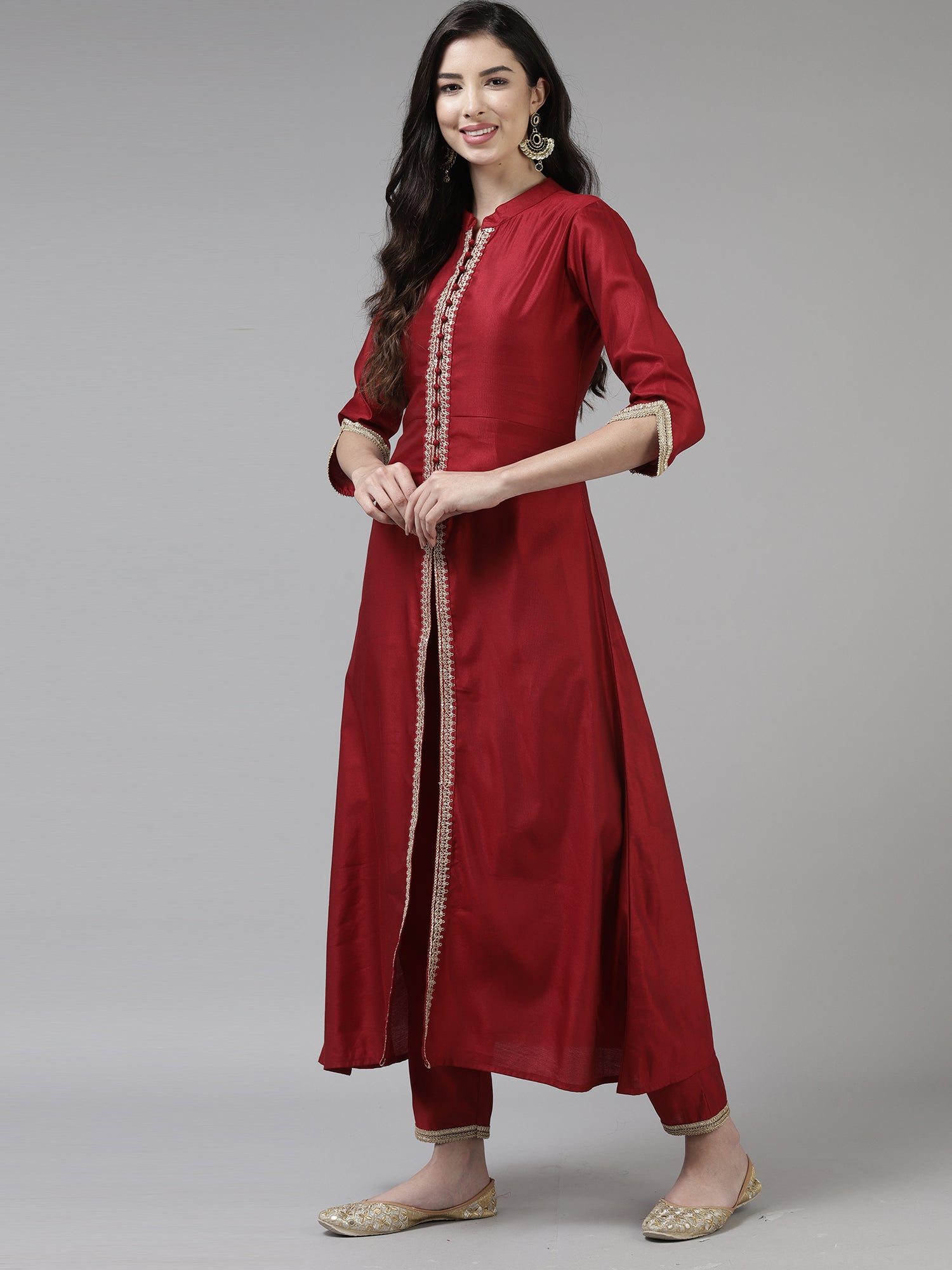 Indo Era Red Embroidered Straight Kurta Trouser With Dupatta Set | Grocsy