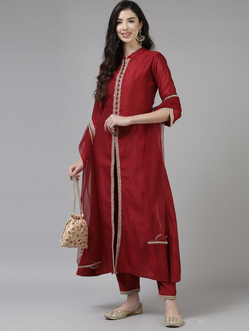 Indo Era Red Embroidered Straight Kurta Trouser With Dupatta Set | Grocsy