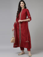 Indo Era Red Embroidered Straight Kurta Trouser With Dupatta Set | Grocsy