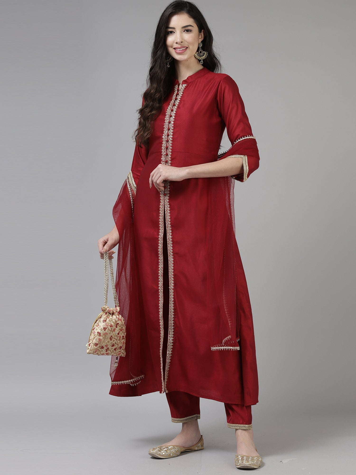 Indo Era Red Embroidered Straight Kurta Trouser With Dupatta Set | Grocsy