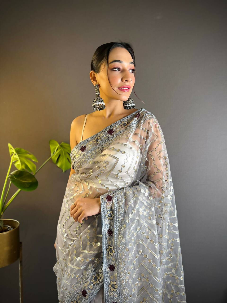 Vastranavya Butterfly Net Designer Chain Stitch Embroidery Work with Foil Thread & Stone Work Saree with Blouse Material - Grey | Grocsy