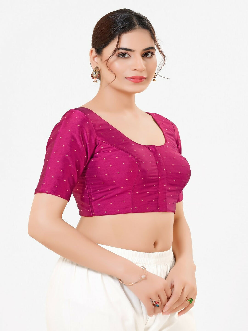 Joban Fashion Magenta Taffeta Silk Elbow Sleeveless Front Open Blouse | Grocsy