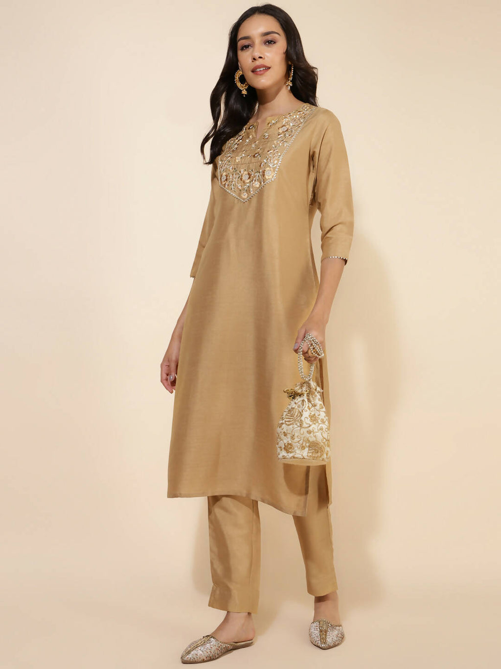 Janasya Women's Gold Crepe Silk Yoke Embroidery Festive Straight Kurta Set | Grocsy