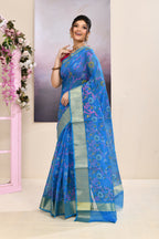 Piyari Fashion Women's Sky Blue Embellished Cotton Blend Printed Saree | Grocsy