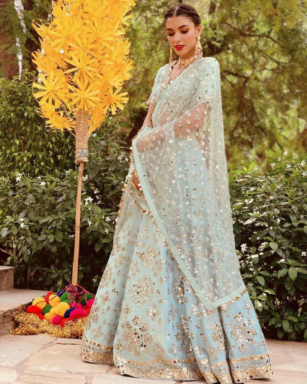 Jyoti Fashion Women's Sky Blue Mulberry Silk Paper Mirror with Zari Embroidered Designer Lehenga Choli Set | Grocsy