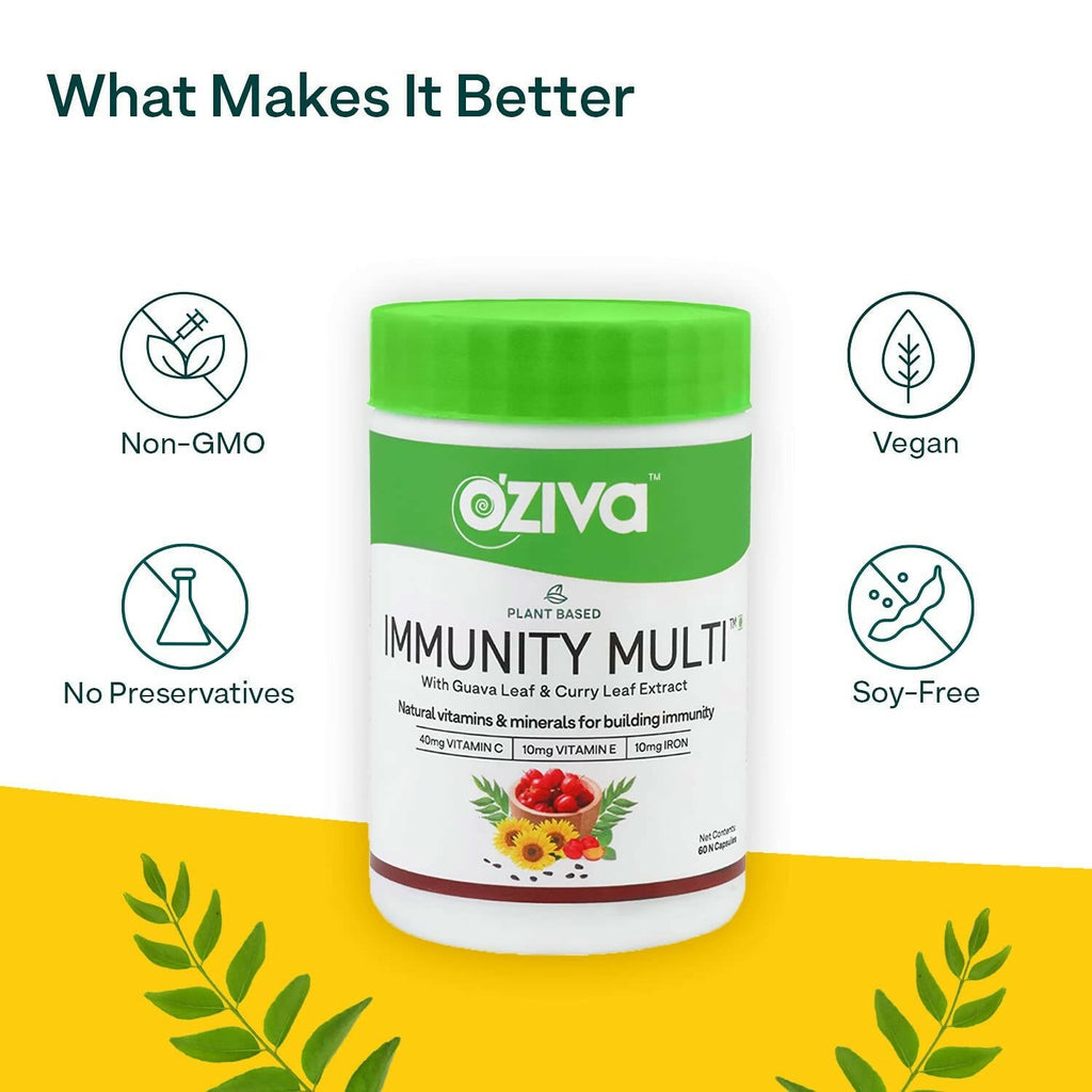 OZiva Plant Based Immunity Multivitamin with Guava Leaf & Curry Leaf Extract Capsules | Grocsy