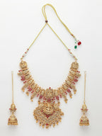 NVR Women's Gold-Polished Pink Stone Studded Lakshmi Temple Jewellery Set | Grocsy