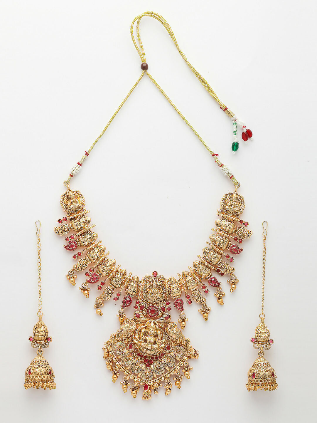 NVR Women's Gold-Polished Pink Stone Studded Lakshmi Temple Jewellery Set | Grocsy