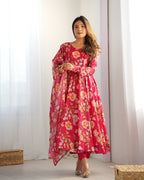 Lehenga Mart Organza Silk Anarkali Style Gown With Dupatta - pink | Grocsy