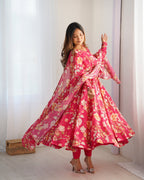 Lehenga Mart Organza Silk Anarkali Style Gown With Dupatta - pink | Grocsy