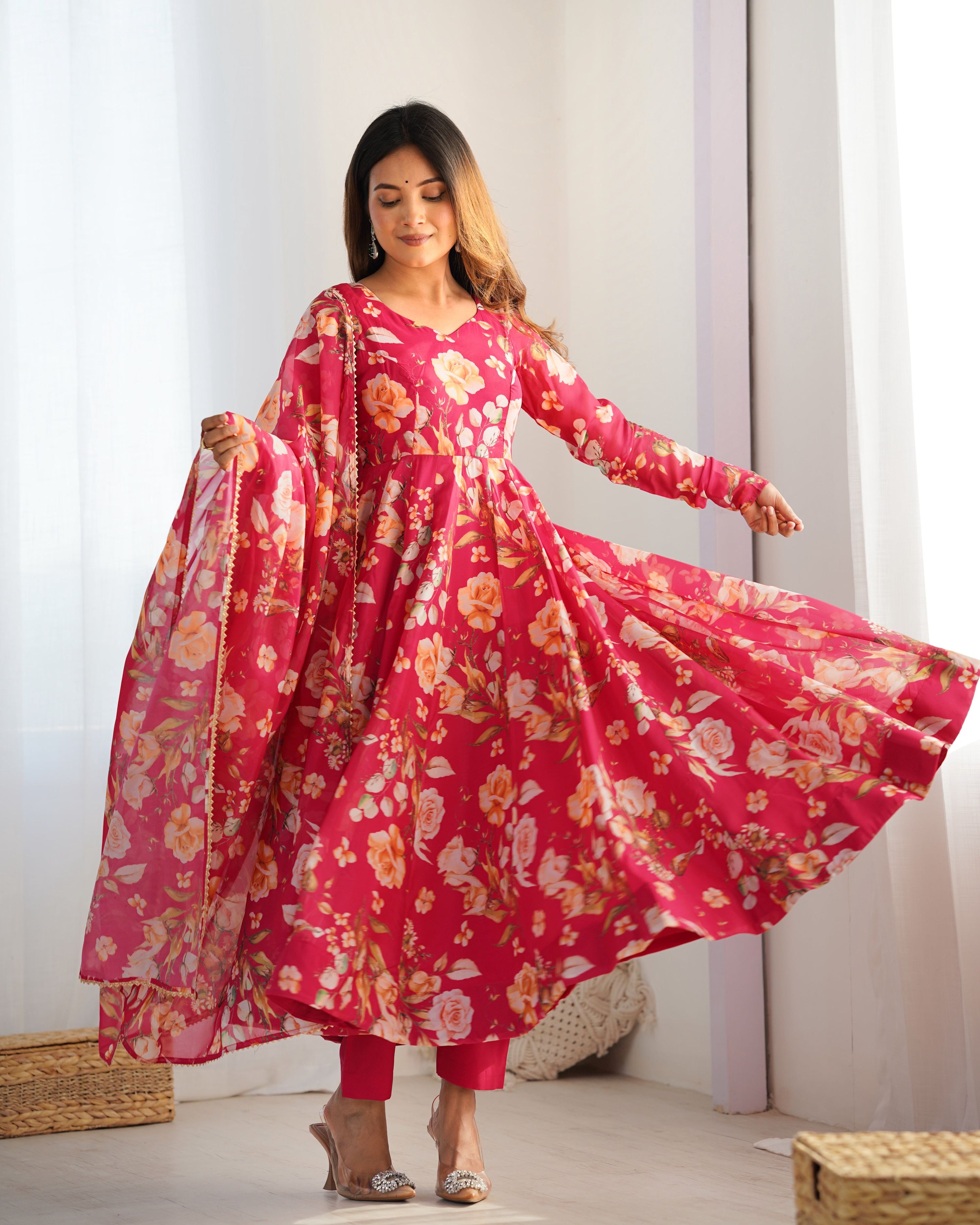 Lehenga Mart Organza Silk Anarkali Style Gown With Dupatta - pink | Grocsy