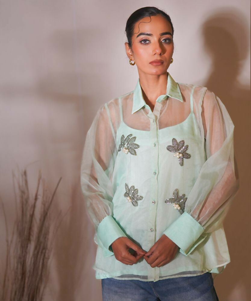 Timaraa Mint Whisper Hand-Embellished Organza Shirt | Grocsy
