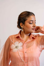 Timaraa Peach Coral Organza Shirt With Hand Embellished 3D Floral Motift | Grocsy