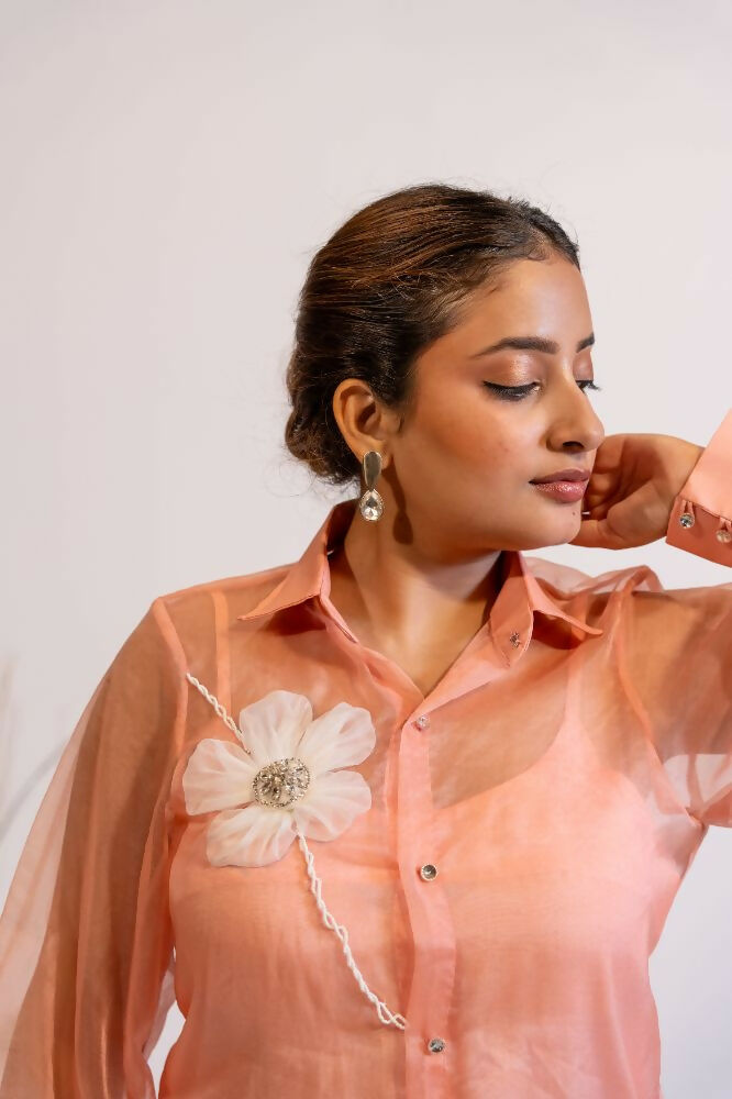 Timaraa Peach Coral Organza Shirt With Hand Embellished 3D Floral Motift | Grocsy