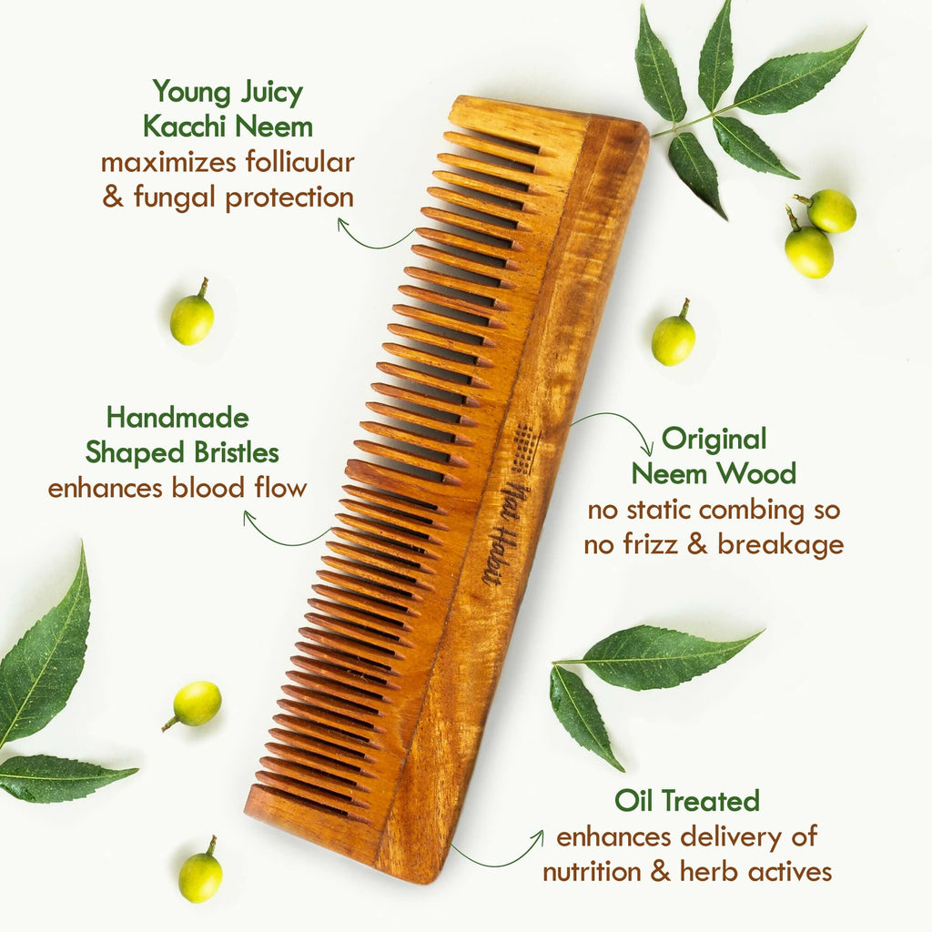 Nat Habit Kacchi Neem Wooden Comb - Soaked In 13 Herbs, Neem & Sesame Oil For Multi-Actions | Grocsy
