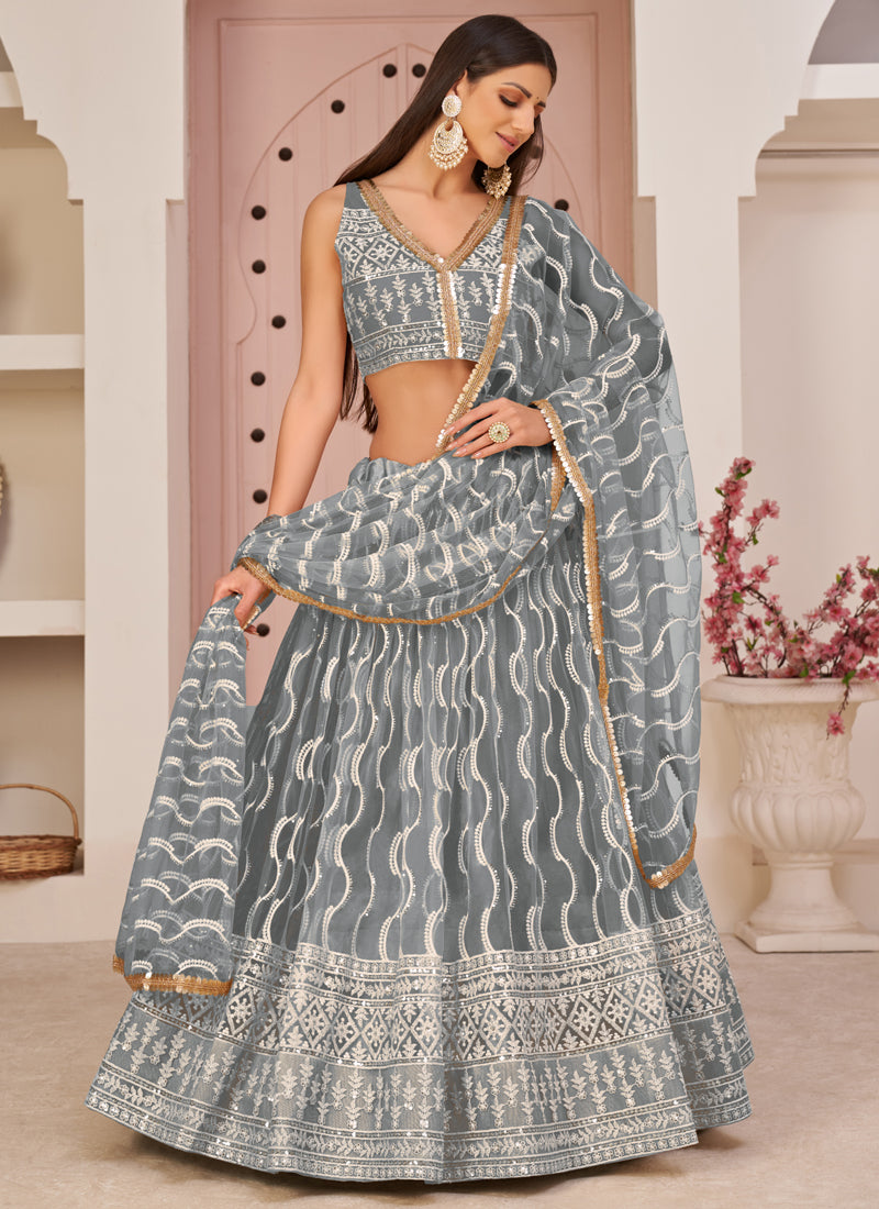 Vegaa Fashion Grey Butterfly Net Embroidery Thread Designer Lehenga | Grocsy