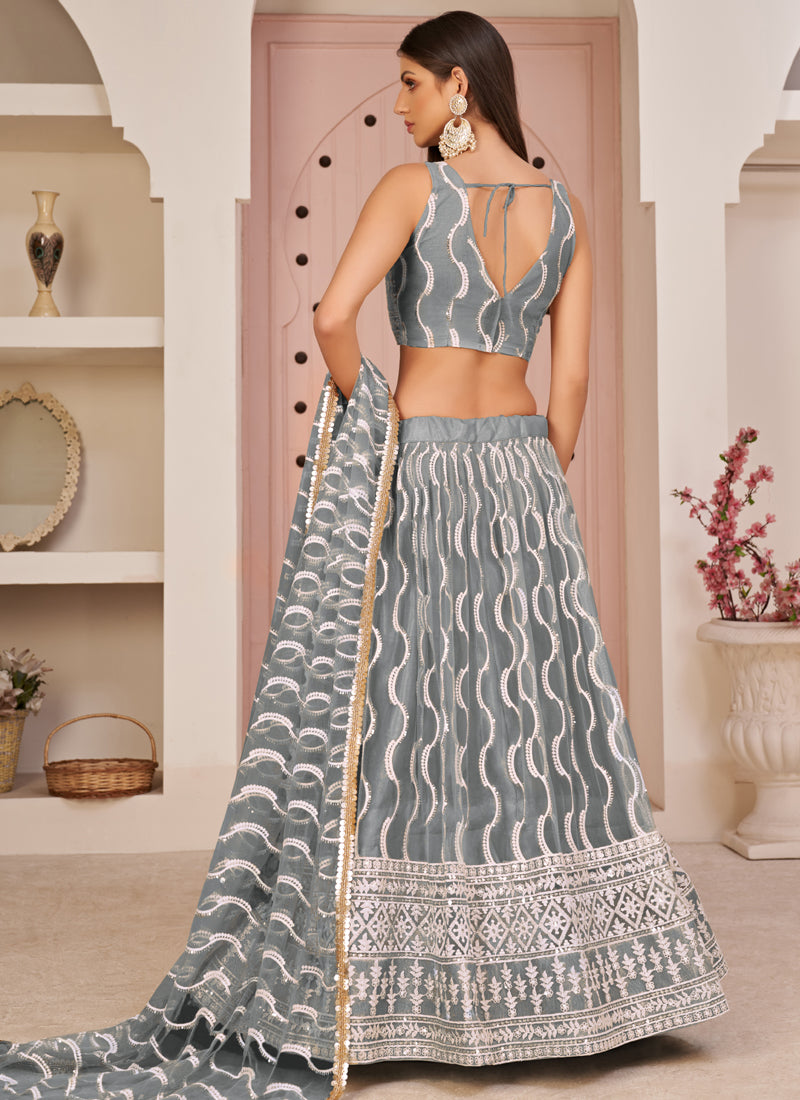 Vegaa Fashion Grey Butterfly Net Embroidery Thread Designer Lehenga | Grocsy