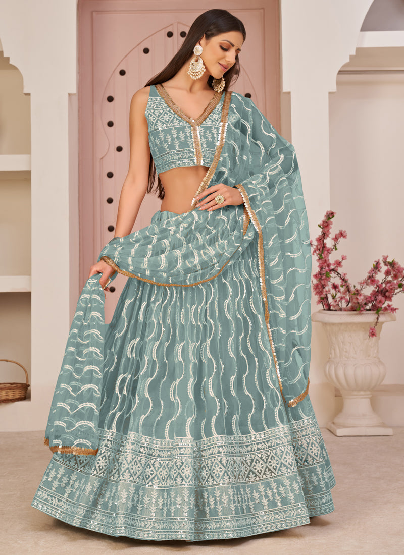 Vegaa Fashion Ocean Blue Butterfly Net Embroidery Thread Designer Lehenga | Grocsy