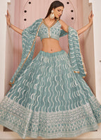 Vegaa Fashion Ocean Blue Butterfly Net Embroidery Thread Designer Lehenga | Grocsy