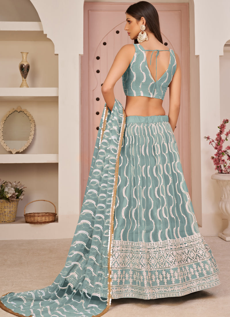 Vegaa Fashion Ocean Blue Butterfly Net Embroidery Thread Designer Lehenga | Grocsy