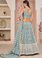 Vegaa Fashion Ocean Blue Butterfly Net Embroidery Thread Designer Lehenga | Grocsy