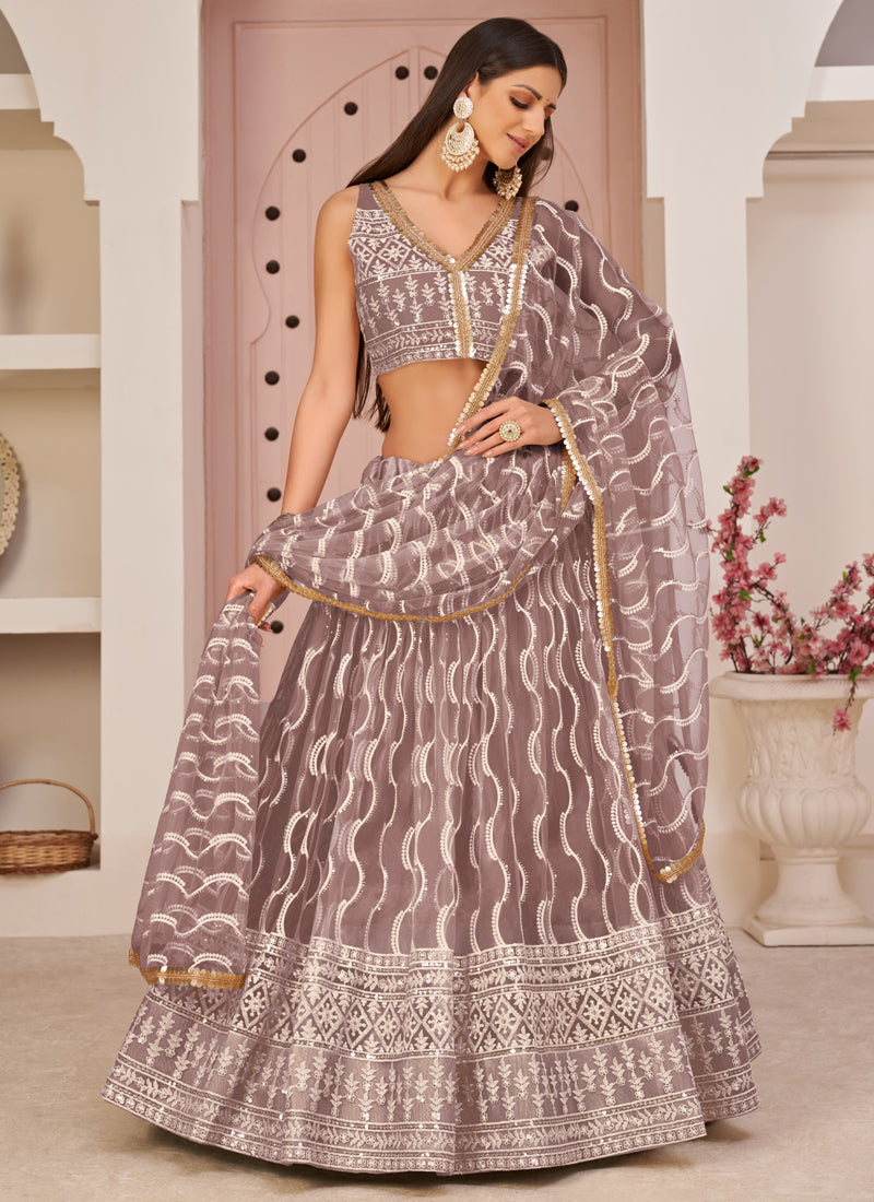 Vegaa Fashion Onion Pink Butterfly Net Embroidery Thread Designer Lehenga | Grocsy