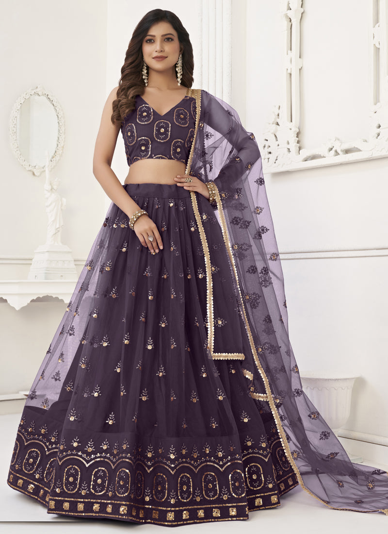 Vegaa Fashion Wine Butterfly Net Embroidery Thread Designer Lehenga | Grocsy