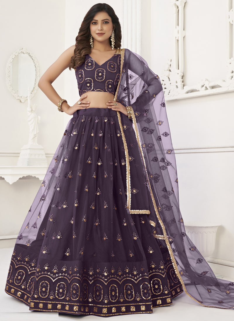Vegaa Fashion Wine Butterfly Net Embroidery Thread Designer Lehenga | Grocsy