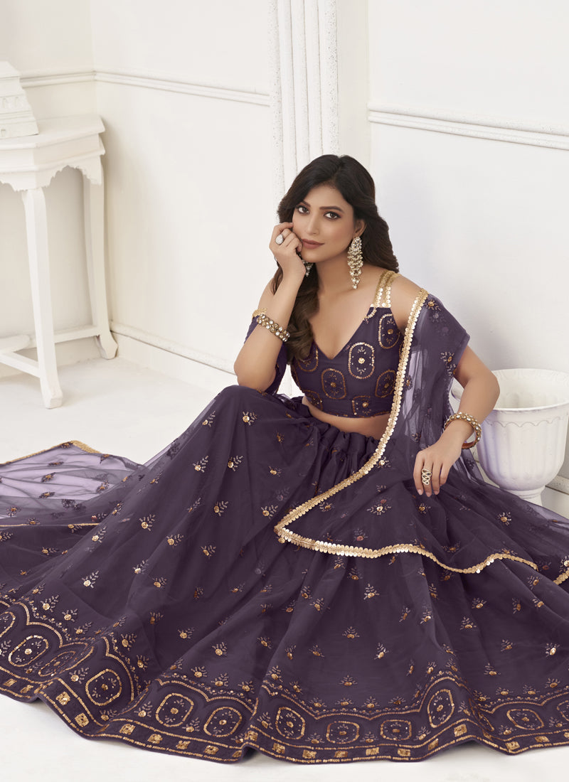 Vegaa Fashion Wine Butterfly Net Embroidery Thread Designer Lehenga | Grocsy