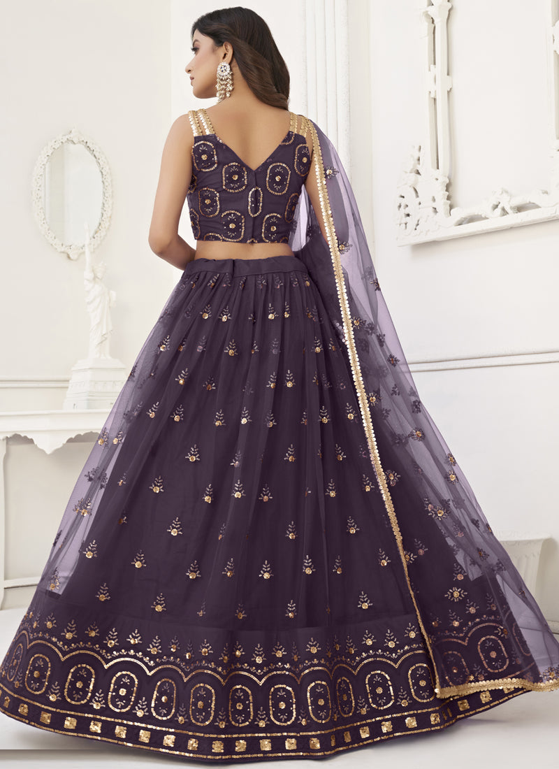 Vegaa Fashion Wine Butterfly Net Embroidery Thread Designer Lehenga | Grocsy