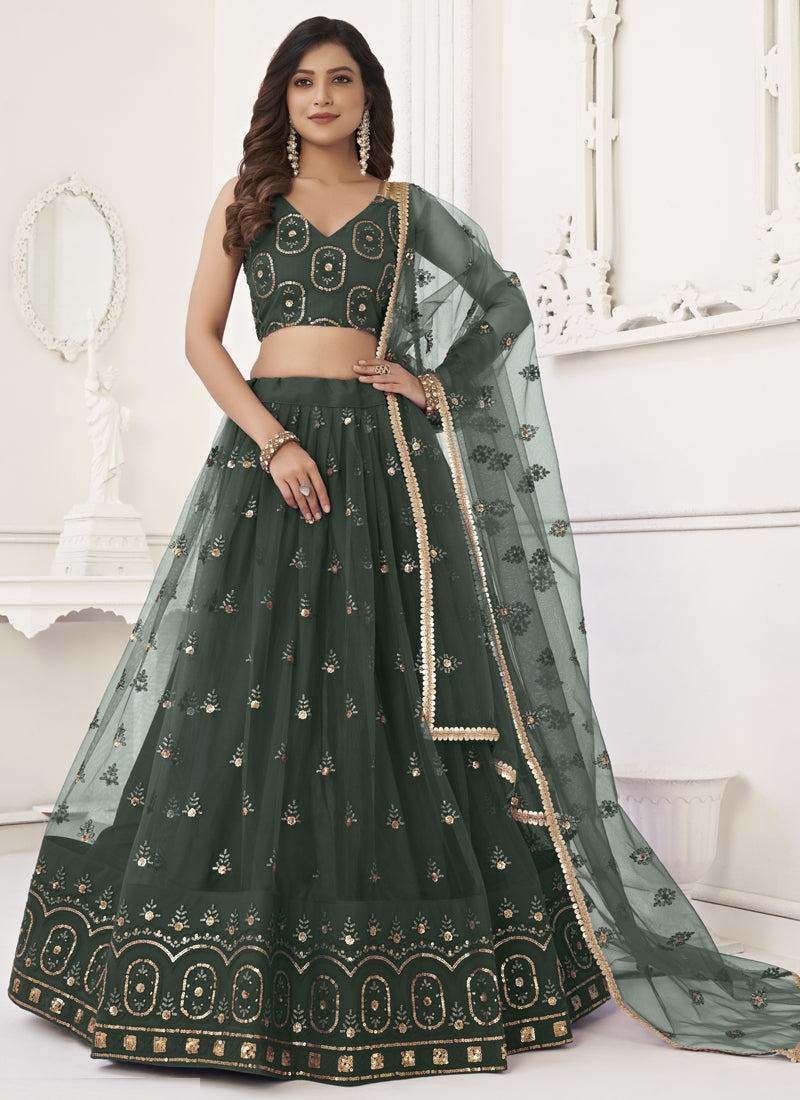 Vegaa Fashion Green Butterfly Net Embroidery Thread Designer Lehenga | Grocsy