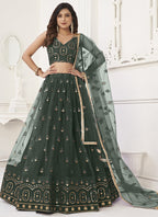 Vegaa Fashion Green Butterfly Net Embroidery Thread Designer Lehenga | Grocsy