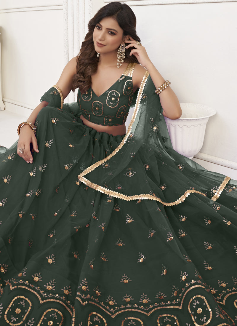 Vegaa Fashion Green Butterfly Net Embroidery Thread Designer Lehenga | Grocsy