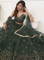 Vegaa Fashion Green Butterfly Net Embroidery Thread Designer Lehenga | Grocsy