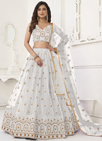 Vegaa Fashion White Butterfly Net Embroidery Thread Designer Lehenga | Grocsy