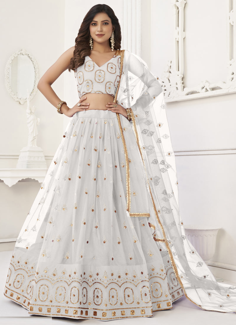 Vegaa Fashion White Butterfly Net Embroidery Thread Designer Lehenga | Grocsy