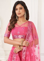 Vegaa Fashion Pink Butterfly Net Embroidery Thread Designer Lehenga | Grocsy