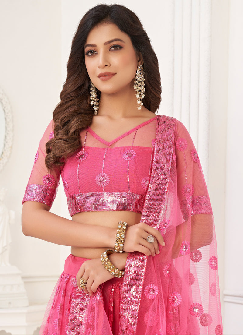 Vegaa Fashion Pink Butterfly Net Embroidery Thread Designer Lehenga | Grocsy