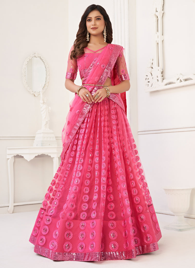 Vegaa Fashion Pink Butterfly Net Embroidery Thread Designer Lehenga | Grocsy