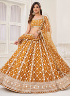 Vegaa Fashion Yellow Butterfly Net Embroidery Thread Designer Lehenga | Grocsy