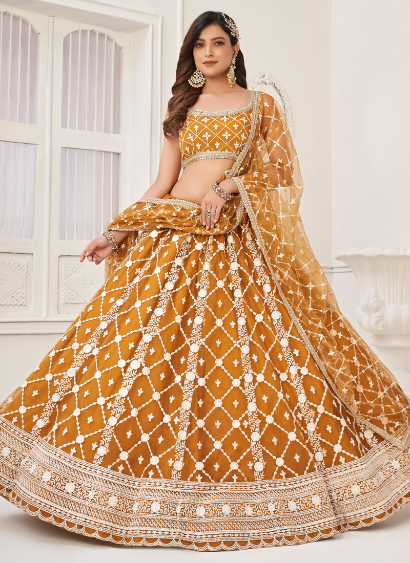 Vegaa Fashion Yellow Butterfly Net Embroidery Thread Designer Lehenga | Grocsy