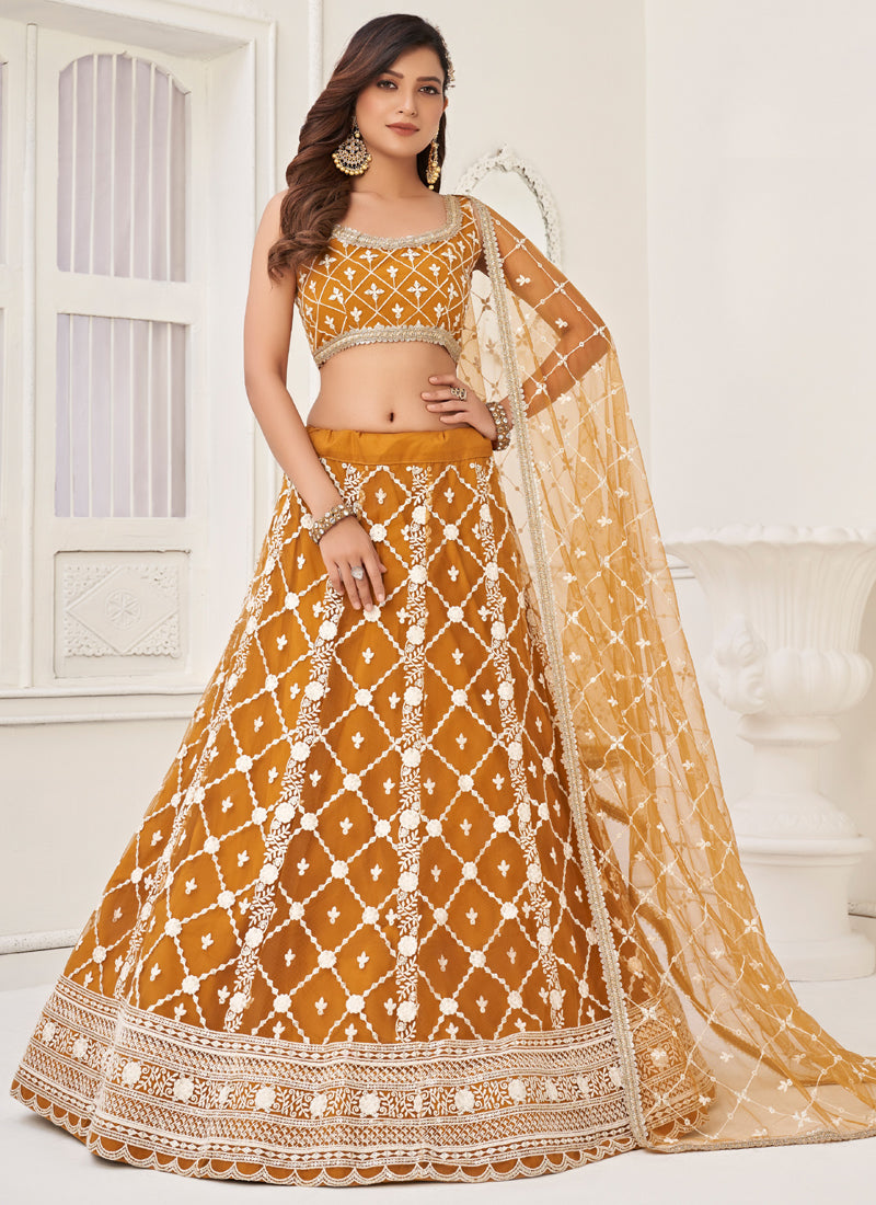 Vegaa Fashion Yellow Butterfly Net Embroidery Thread Designer Lehenga | Grocsy