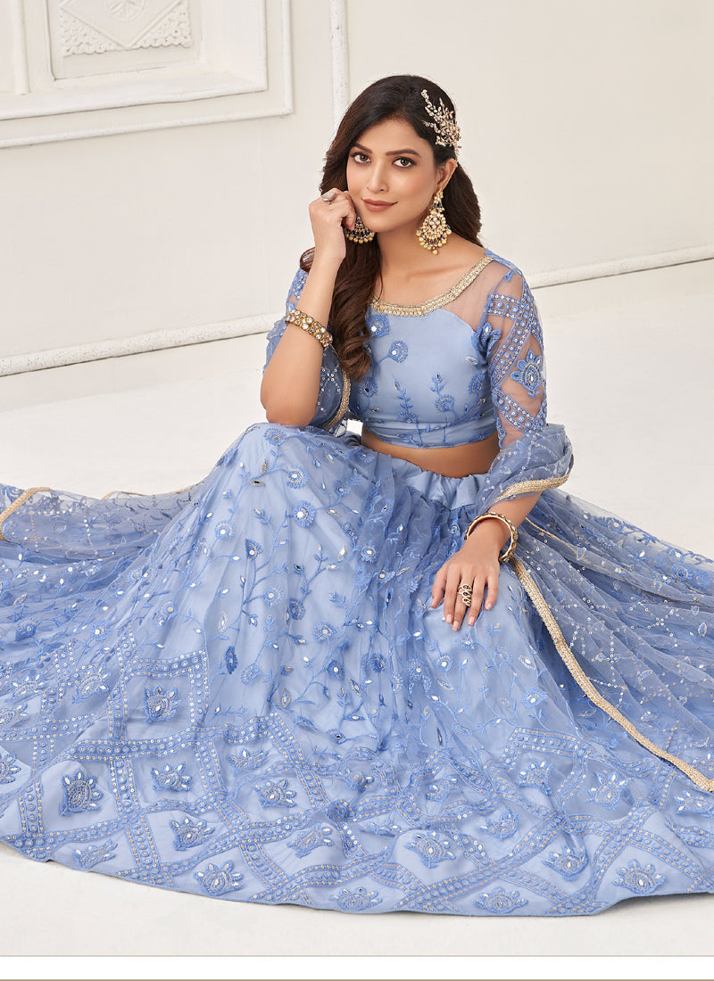 Vegaa Fashion Sky Blue Butterfly Net Embroidery Thread Designer Lehenga | Grocsy