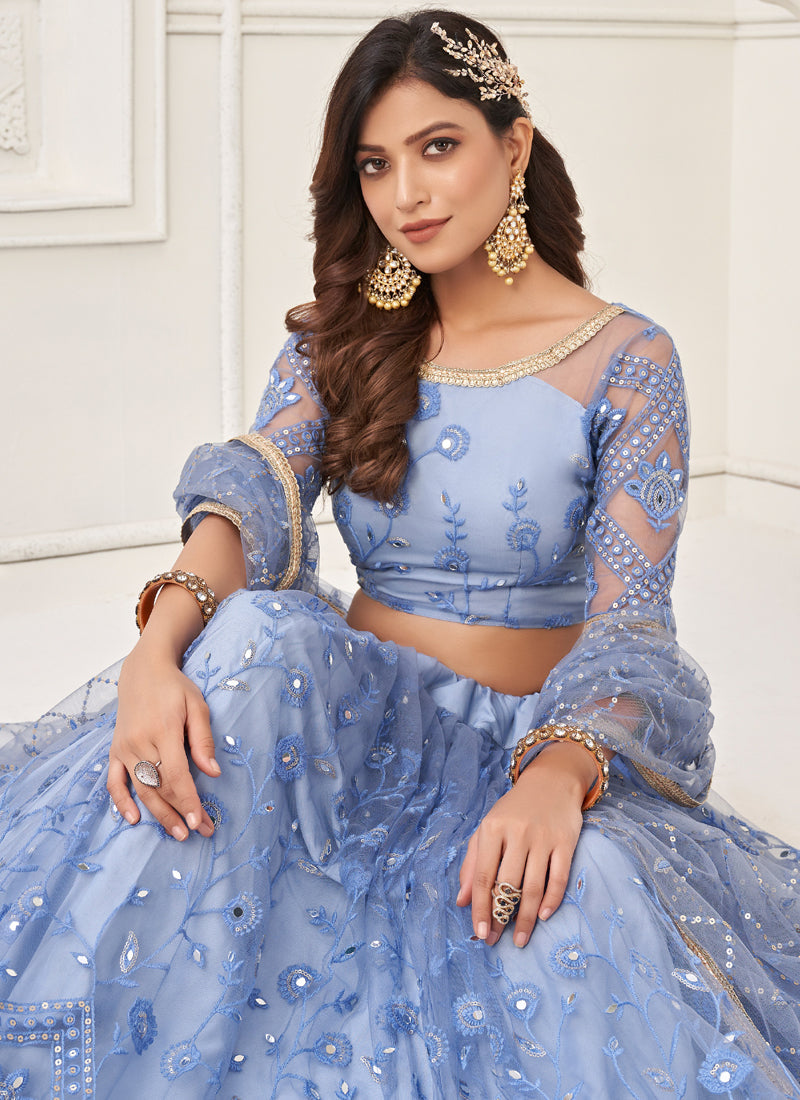 Vegaa Fashion Sky Blue Butterfly Net Embroidery Thread Designer Lehenga | Grocsy
